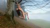 Outdoor scenery, nude girl posing, tree, lake, mountain, long hair, legs, feet - free porn desktop wallpaper